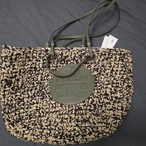 Tory Burch Green and Cream Woven Tote Bag